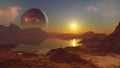 3D rendering of Volcano Planet above alien world Royalty Free Stock Photo