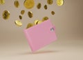3d rendering Wallet and gold coins on beige background. Falling coins and pink purse. Cashless society concept. Growth, income,