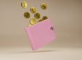 3d rendering Wallet and gold coins on beige background. Falling coins and pink purse. Cashless society concept. Growth, income,