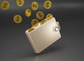 3d rendering Wallet and gold coins on black background. Falling coins and gold purse. Cashless society concept. Growth, income,