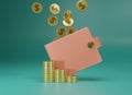 3d rendering Wallet and gold coins on green background. Falling and stack coins and orange purse. Cashless society concept. Growth