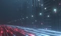 Warp speed in hyper loop with blur light from buildings` lights in mega city at night. Royalty Free Stock Photo