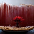 3D rendering of the water house on desert red tree magical fantasy artisitic epic