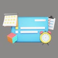 3D Rendering Of Web Browser With Alarm Clock, Cube, Calendar, Checklist On Gray