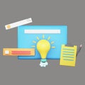 3D Rendering Of Web Browser With Light Bulb, Clipboard, Pen And Search Engine On Gray Royalty Free Stock Photo