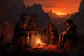 3D rendering of a western scene with a cowboy sitting by the fire, AI Generated