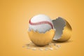 3d rendering of white baseball ball hatching out of golden egg on yellow background Royalty Free Stock Photo