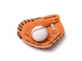 3d rendering of a white baseball with red stitching lying inside an open leather mitt on a white background. Royalty Free Stock Photo