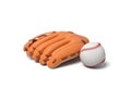 3d rendering of a white baseball with red stitching lying near an orange leather mitt on a white background. Royalty Free Stock Photo