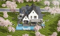 3d rendering of white and black modern Tudor house in spring day