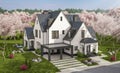 3d rendering of white and black modern Tudor house in spring day