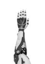 3d rendering of a white and black robotic hand shown vertically from the back of the palm.