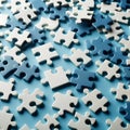 3d rendering of white and blue jigsaw puzzle pieces on blue background Royalty Free Stock Photo