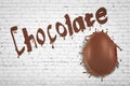 3d rendering of white brick wall with title `Chocolate` and big melting chocolate egg smashed into wall.