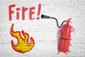 3d rendering of white brick wall with title `Fire` and drawing of small flame, with red extinguisher smashed into wall. Royalty Free Stock Photo