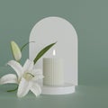 3D rendering white candle on white podium with lily flower green
