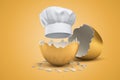 3d rendering of white chef hat hatching out of golden egg on yellow background