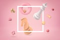 3d rendering of white chess king and golden chess knight with random objects on pink background Royalty Free Stock Photo
