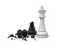 3d rendering of a white chess king standing near a black king figure broken in half.