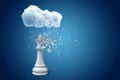 3d rendering of white chess king standing under raining cloud, upper part of chesspiece dissolving in particles, on blue