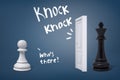 3d rendering of white chess pawn ready to meet a black king standing behind a white door.