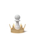 3d rendering of a white chess pawn standing inside a giant golden crown on a white background. Royalty Free Stock Photo