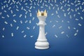 3d rendering of a white chess pawn wearing a golden crown under many falling dollar bills.