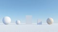 A 3D rendering of a white cube and four spheres against a clear blue sky. Royalty Free Stock Photo