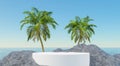 3d rendering A white cylindrical podium decorated with coconut palms sits on a rock against the backdrop of the sea and sky