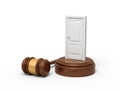 3d rendering of white doorway on round wooden block and brown wooden gavel Royalty Free Stock Photo