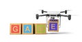 3d rendering of white drone carrying alphabet toy blocks making `GAME` sign on white background