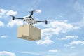 3d rendering of white drone carrying cardboard box on blue sky background