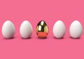 3d rendering of white egg and gold egg row on pink background, 3d minimal concept for Easter egg festival