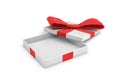 3d rendering of a white flat gift box with a red bow on white background with opened lid Royalty Free Stock Photo