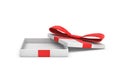 3d rendering of a white flat gift box with a red bow on white background with opened lid Royalty Free Stock Photo