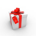 3D rendering of a white gift box with a red ribbon and a Merry Christmas tag Royalty Free Stock Photo