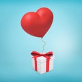 3d rendering of white gift box tied with red ribbon and with red heart-shaped balloon attached to it on wick. Royalty Free Stock Photo