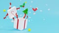 3d rendering White giftbox with red ribbon and snowflakes on blue background