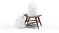 3D rendering of white knapsacks, wooden stool and books on white background Royalty Free Stock Photo