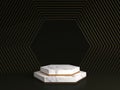 3d rendering of white marble pedestal isolated on black background, hexagon gold frame, memorial board, hexagon steps Royalty Free Stock Photo