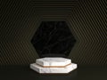 3d rendering of white marble pedestal isolated on black background, hexagon gold frame, memorial board, hexagon steps Royalty Free Stock Photo