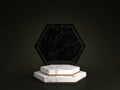 3d rendering of white marble pedestal isolated on black background, hexagon gold frame, memorial board, hexagon steps Royalty Free Stock Photo