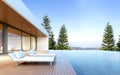 3D render of white modern house with swimming pool on nature background, Exterior with large window design