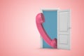 3d rendering of a white open doorway with pink retro telephone receiver on light pink background Royalty Free Stock Photo