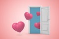 3d rendering of a white open doorway with small pink hearts on light pink background Royalty Free Stock Photo