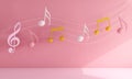 3D rendering of white, pink, and yellow music notes on a pink background