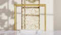 3D rendering of White podium for displaying products decorated with gold frame and shadow from window background. Mockup for show