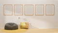 3D rendering, white reading corner interior design with mock-up frames on the wall, grey pouf, carpet and books shelf Royalty Free Stock Photo
