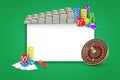 3d rendering of white rectangle with bundles of dollars, stacks of chips, roulette and pack of cards on green background Royalty Free Stock Photo