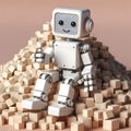 3d rendering of a white robot sitting on a pile of wooden cubes